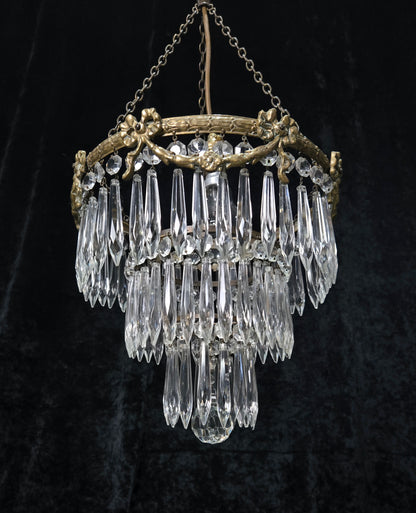 Fabulous Antique French Empire Style Brass Crystal Bows Chandelier Ceiling Light