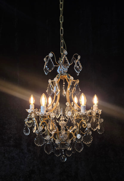 Classical Antique French 6 Arm Caged Bronze Crystal Chandelier Ceiling Light