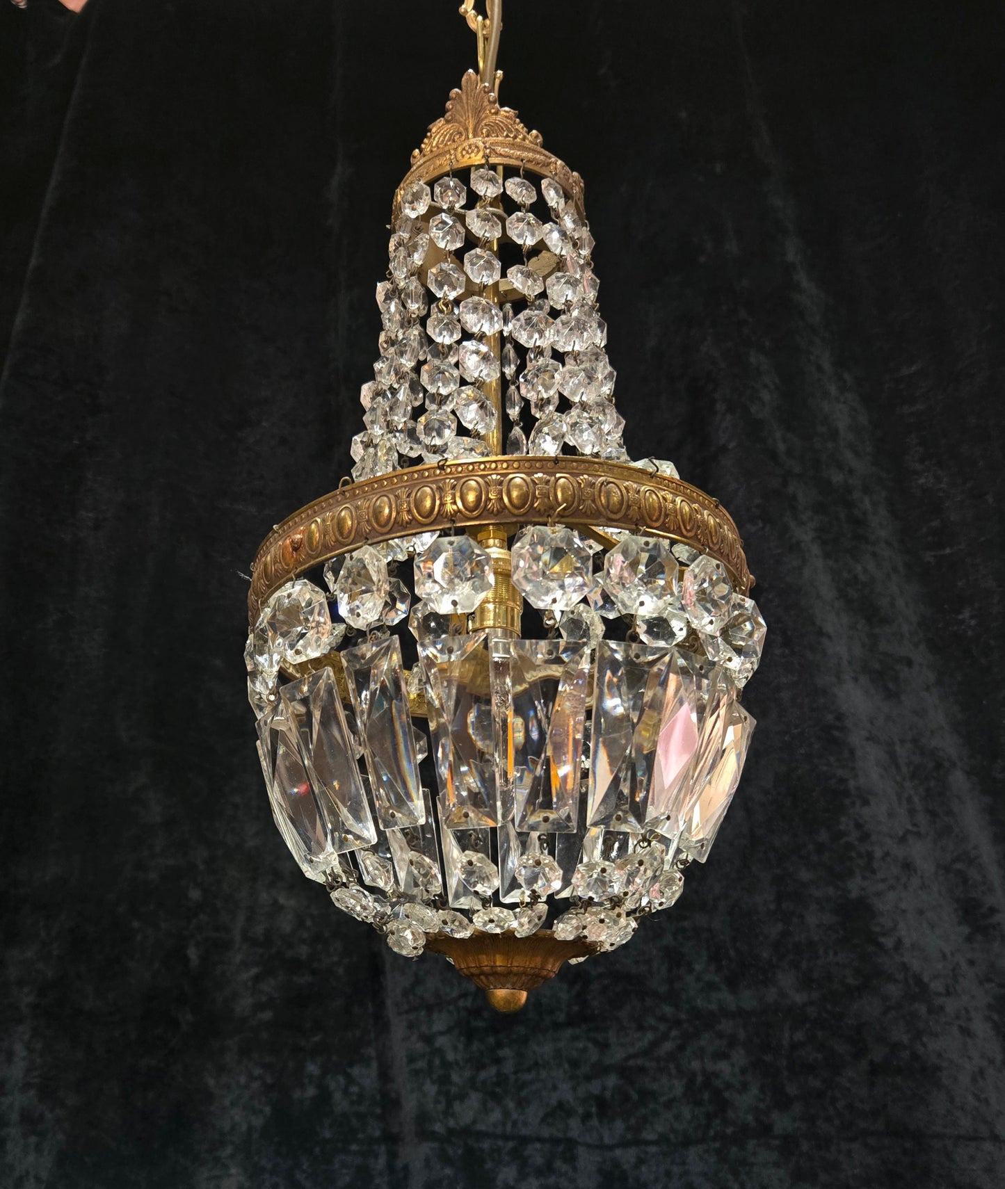 Traditional Antique French 1 Light Brass and Crystal Montgolfiere Chandelier
