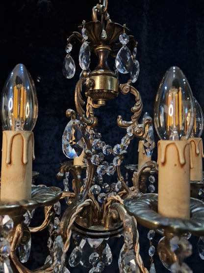 Beautiful Vintage French 6 Arm Brass Caged Crystal Chandelier Ceiling Light