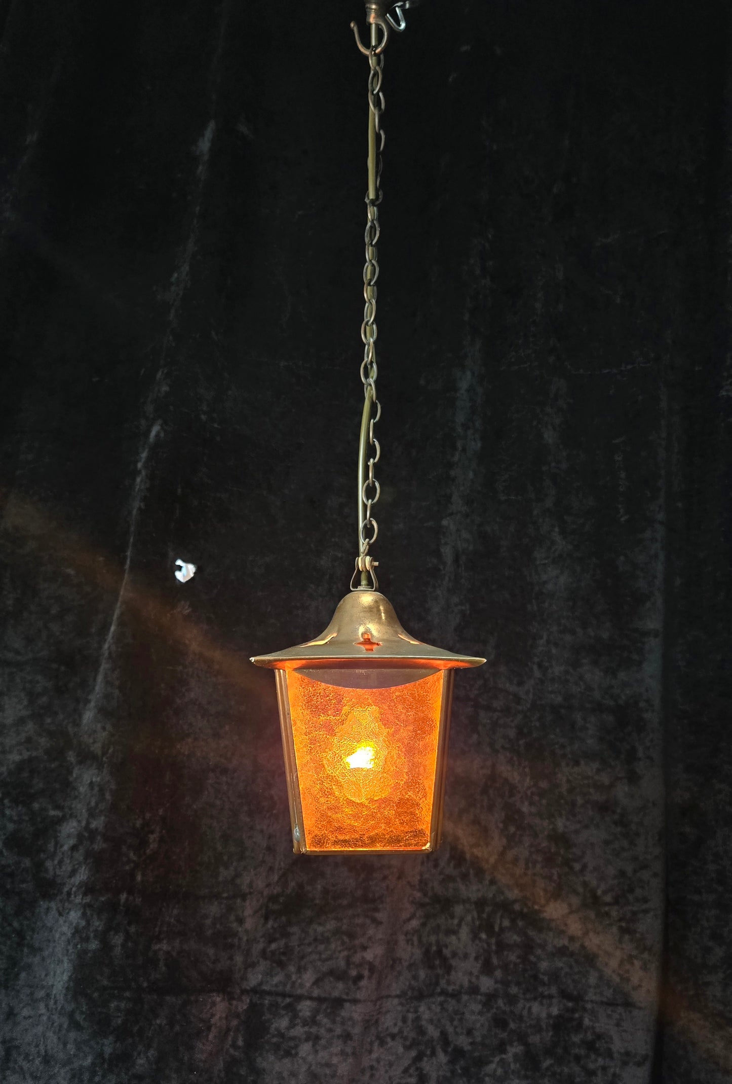 Lovely Vintage French Coloured Glass Copper Lantern Ceiling Light