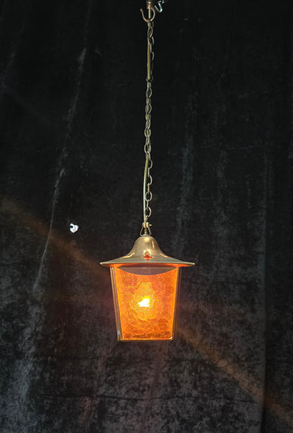 Lovely Vintage French Coloured Glass Copper Lantern Ceiling Light