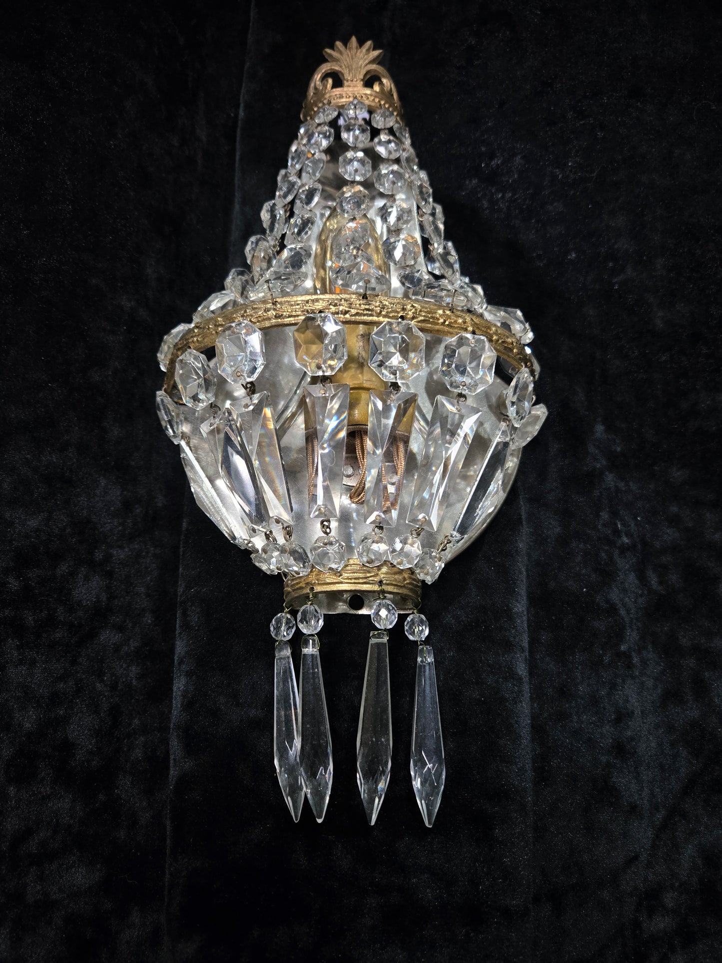 Stunning Pair Vintage French Brass Crystal Montgolfiere Sconces Wall Lights