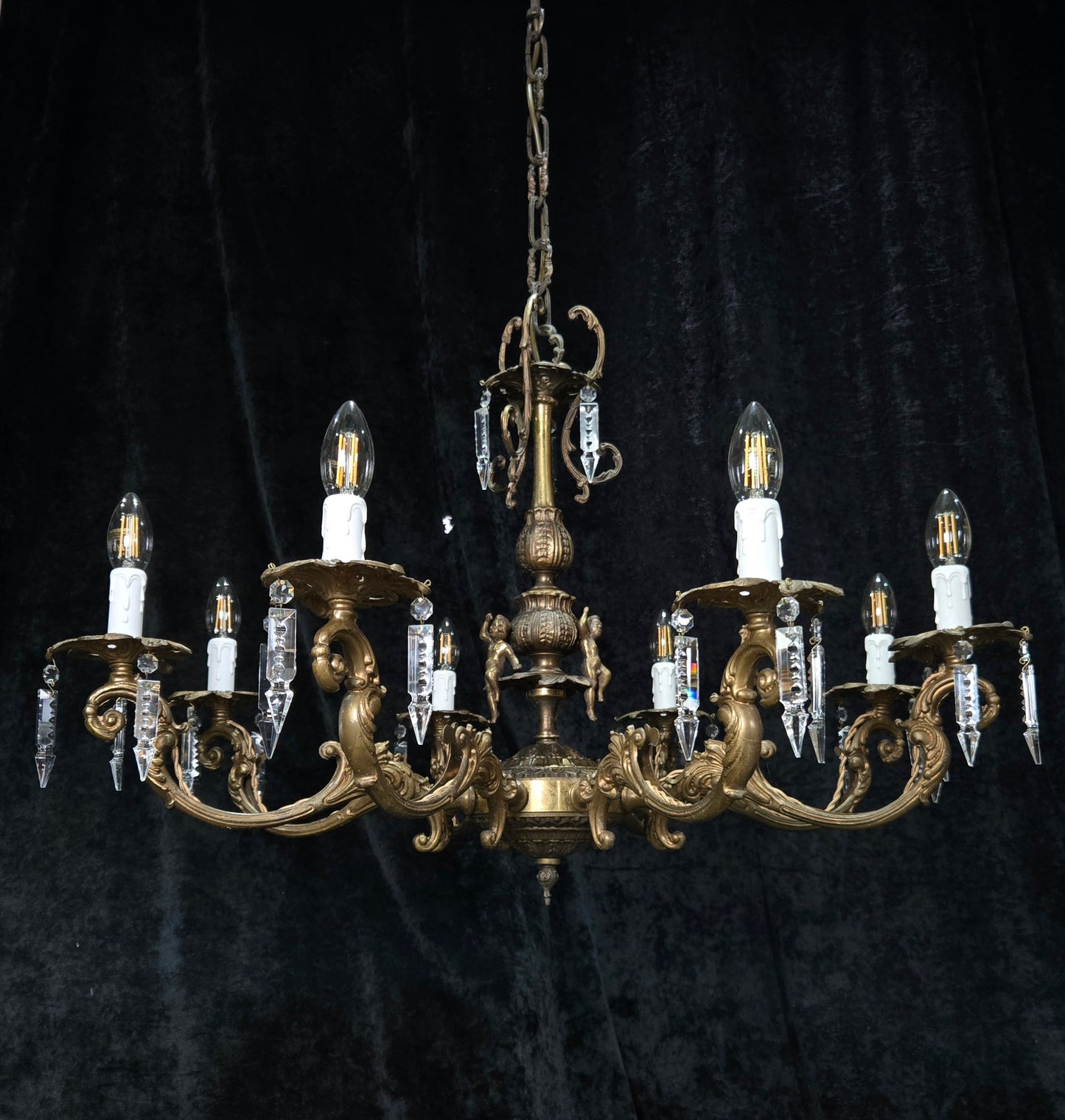 Fabulous Vintage Italian 8 Arm Large Brass Crystal Cherub Chandelier Light