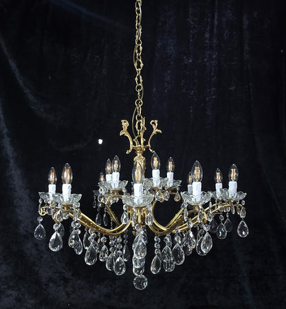 Fabulous Large Vintage Italian Heavy 10 Arm 15 Light Brass Crystal Chandelier