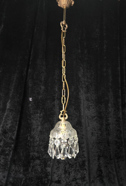 Stunning Petite Cut Glass Crystal Antique Shade Brass Pendant Light Chandelier