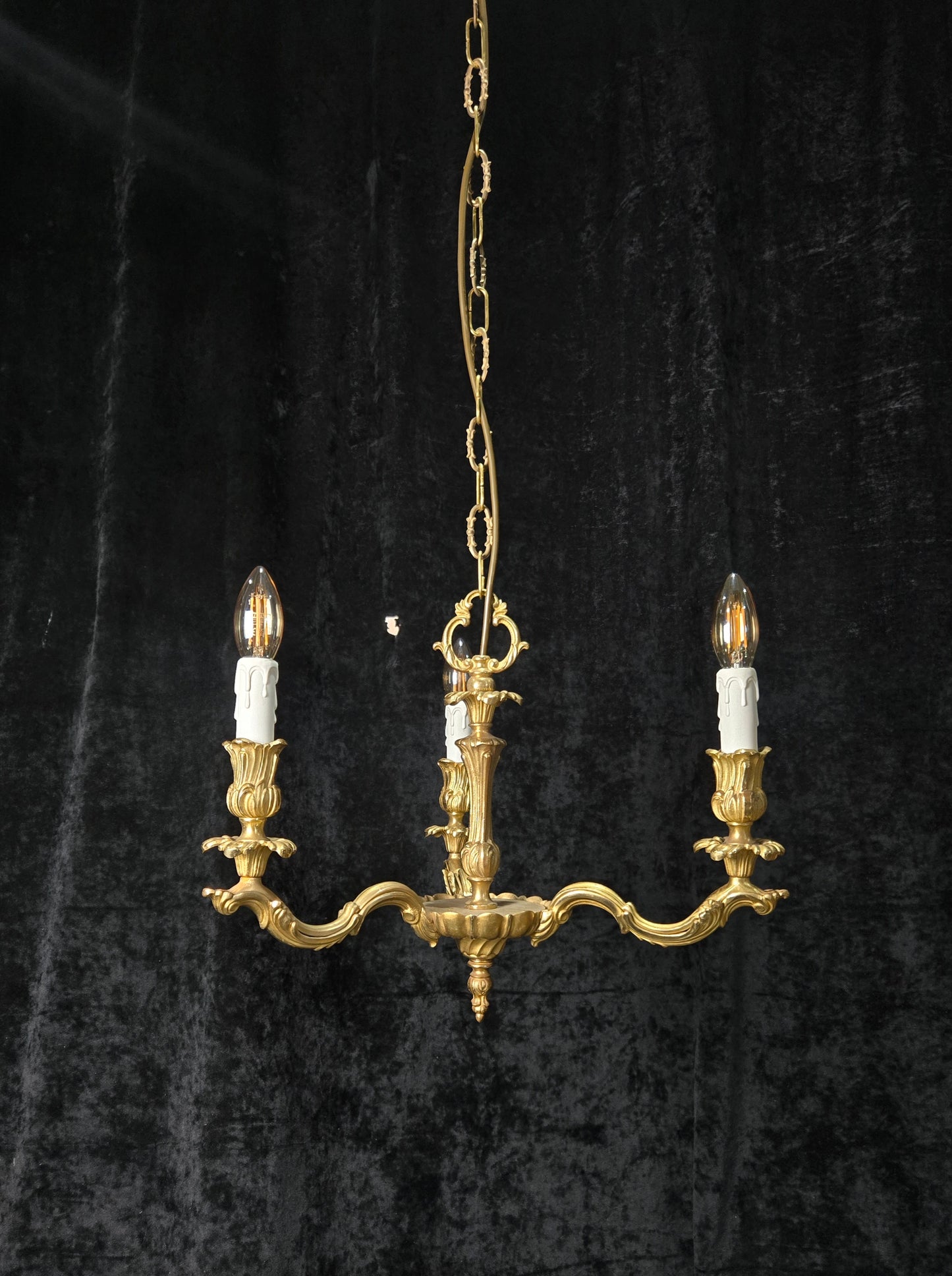 Traditional Antique French Solid Brass 3 Arm Rococo Style Chandelier Light
