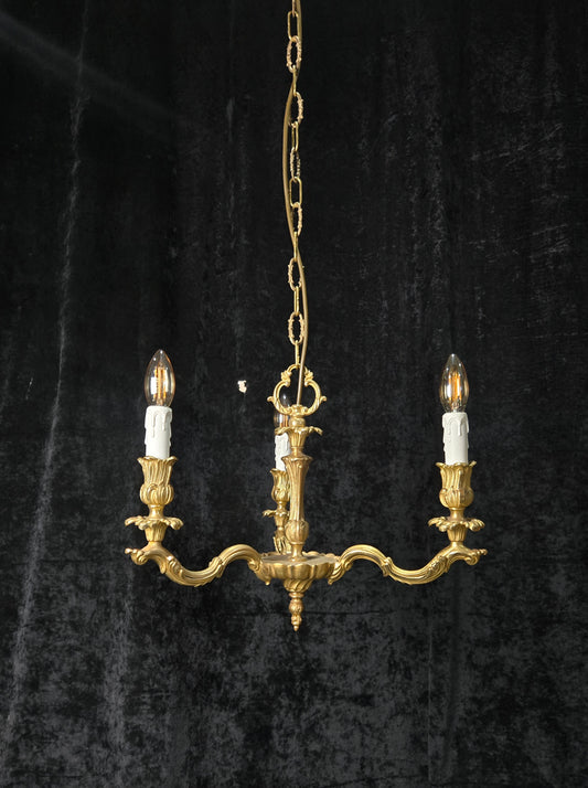 Traditional Antique French Solid Brass 3 Arm Rococo Style Chandelier Light