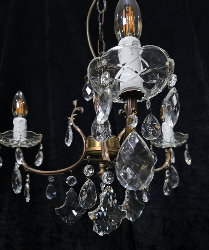 Lovely Vintage Italian 3 Arm Brass Foliage Crystal Chandelier Ceiling Light