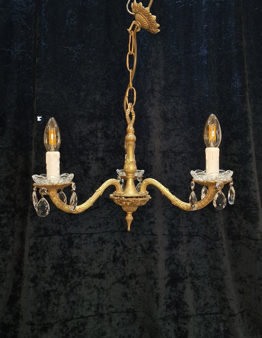 Lovely Vintage French Gilded Crystal Glass 3 Arm Chandelier Light