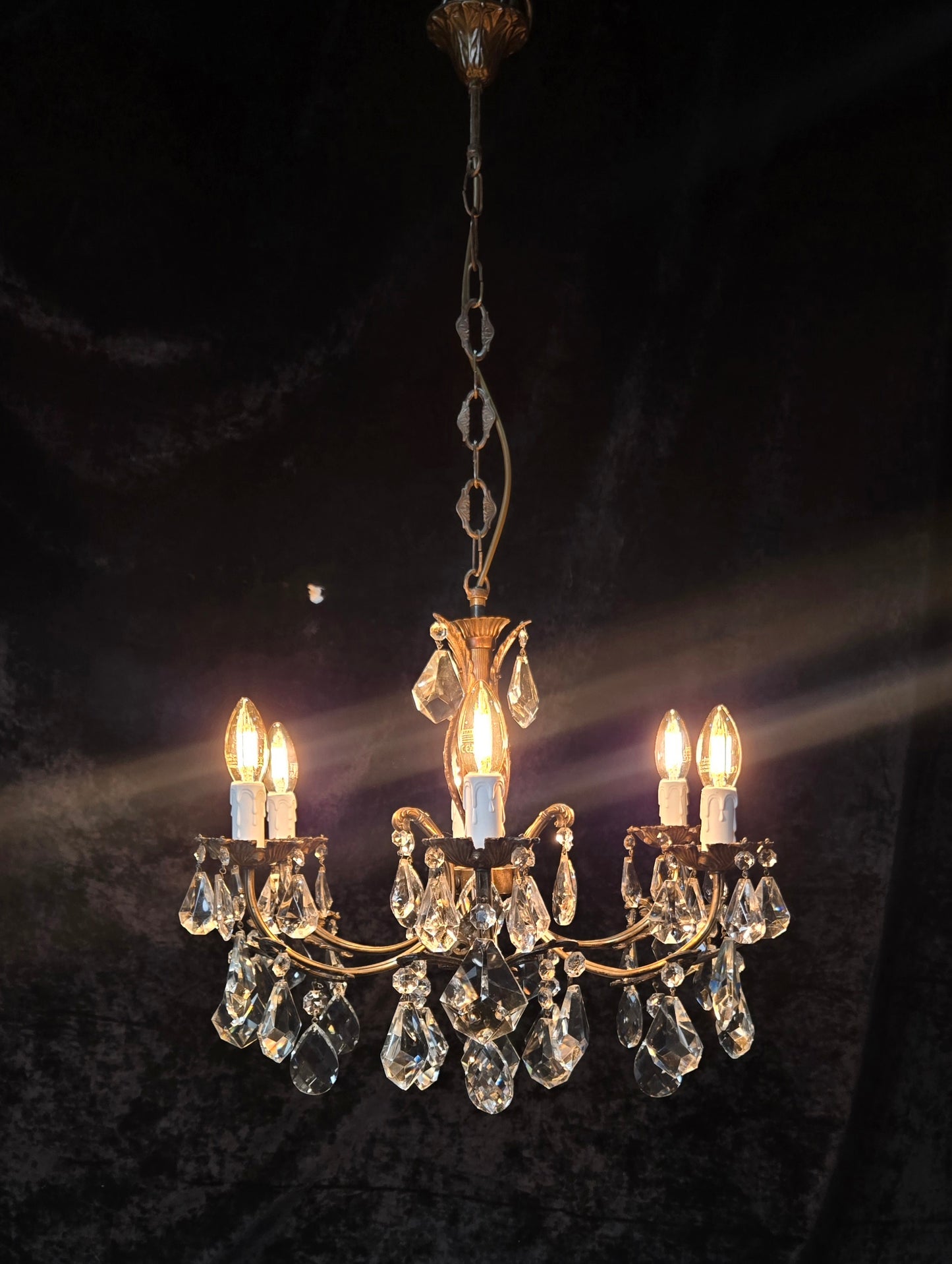 Fabulous Heavy Vintage Italian 6 Arm Leaf Crystal Chandelier Ceiling Light