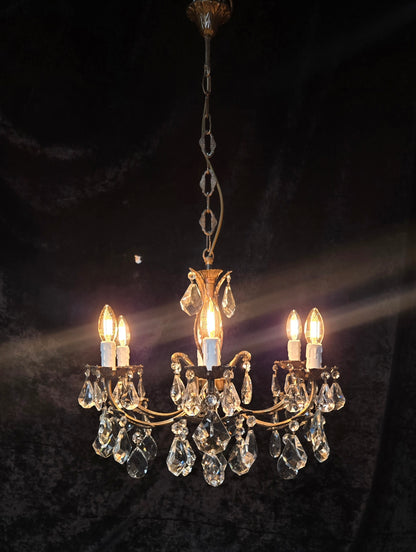 Fabulous Heavy Vintage Italian 6 Arm Leaf Crystal Chandelier Ceiling Light