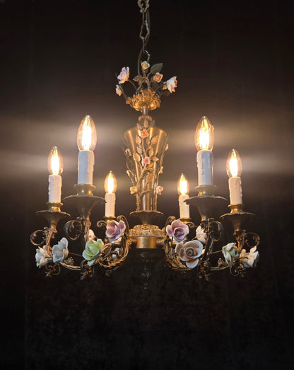 Fabulous Vintage Italian 6 Arm Brass Florentine Flower Roses Chandelier Light