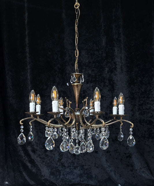 Gorgeous Vintage Italian 8 Arm Crystal Brass Leaf Chandelier Ceiling Light