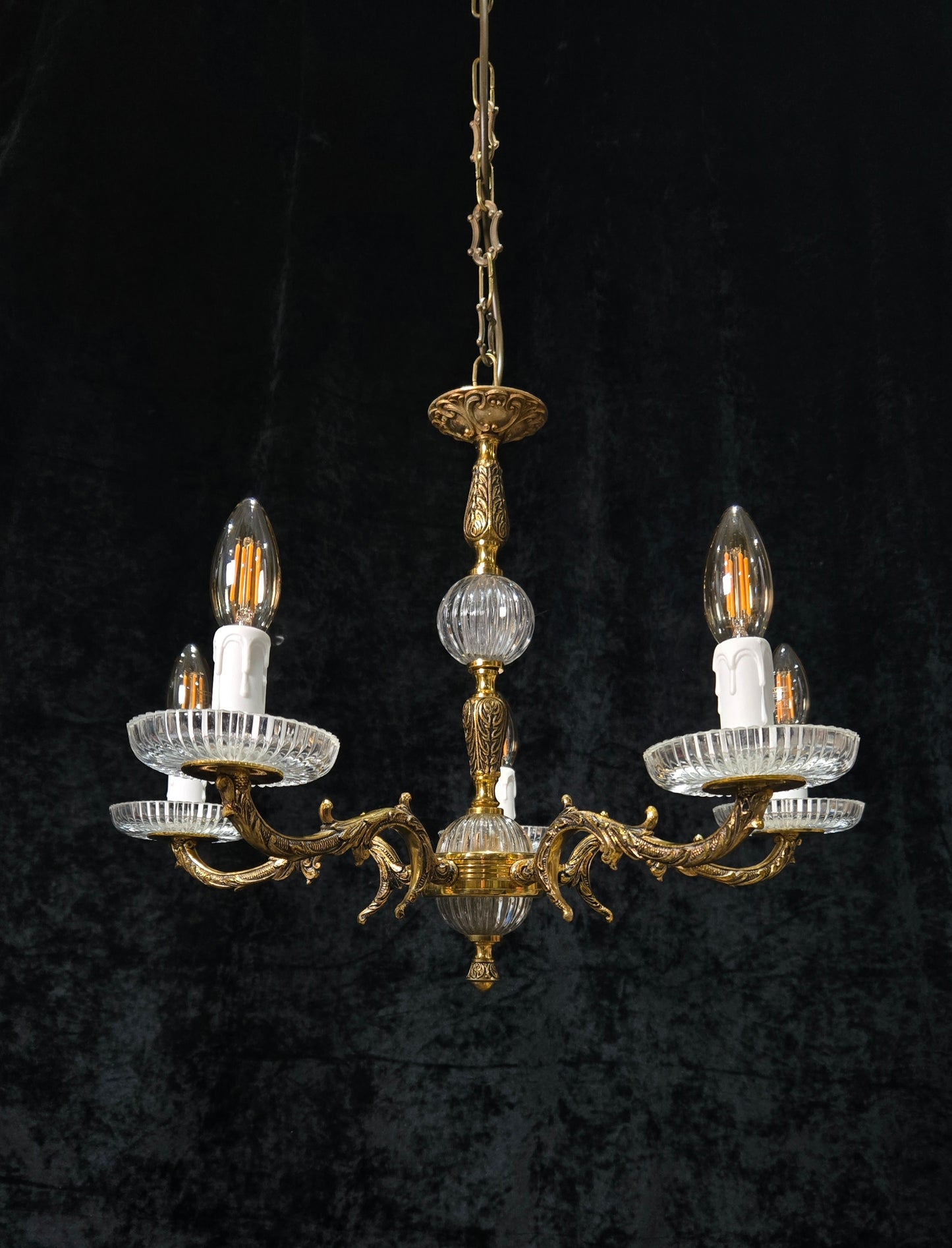 Classical Vintage 5 Arm Brass and Glass Chandelier Ceiling Light