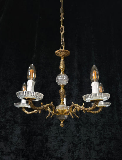 Classical Vintage 5 Arm Brass and Glass Chandelier Ceiling Light