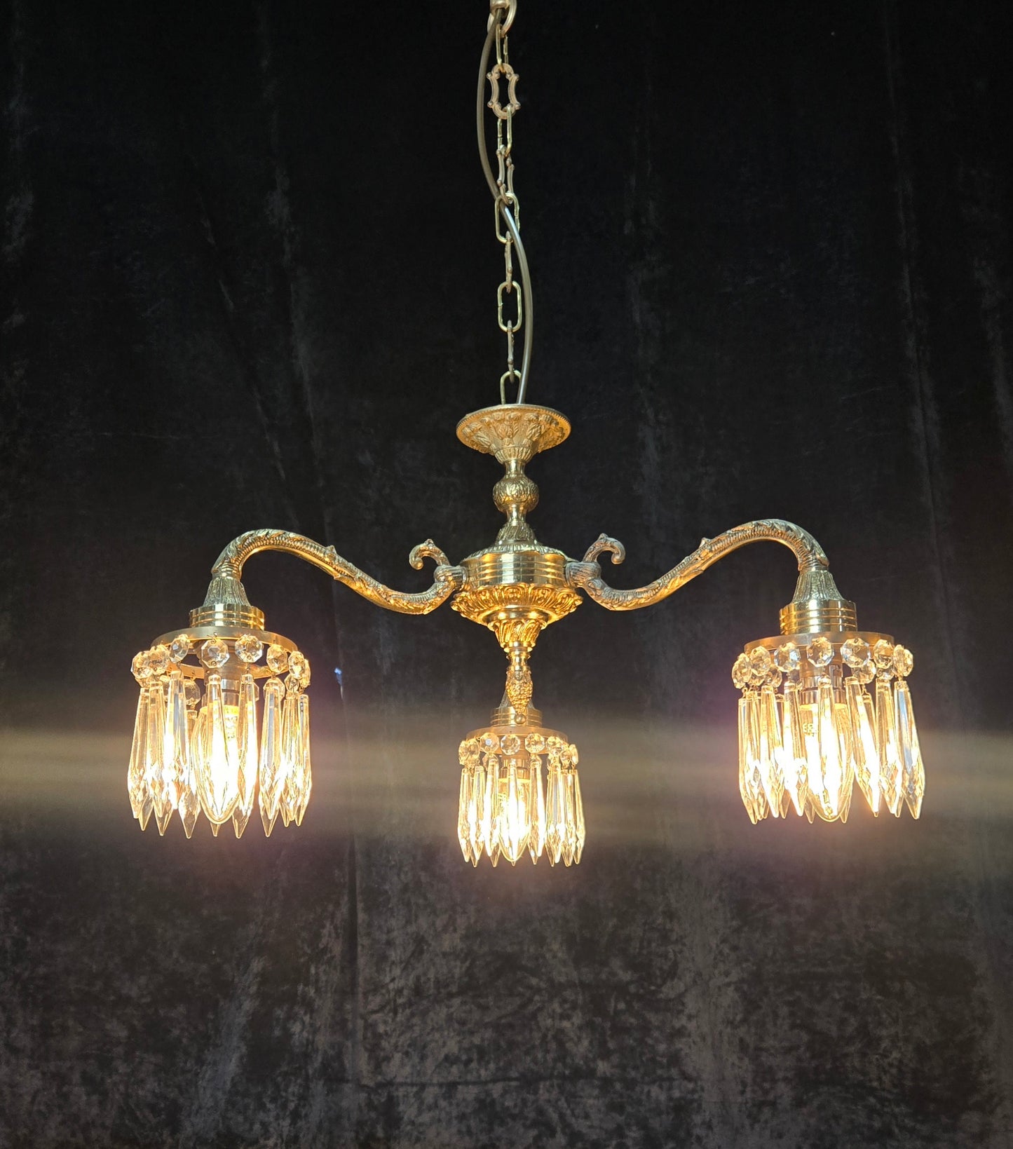 Lovely Vintage Italian 3 Arm Brass Crystal Chandelier Ceiling Light