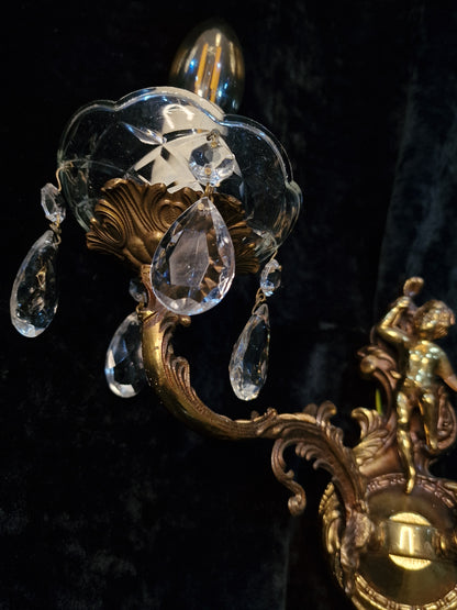Fabulous Pair Vintage Italian 2 Arm Brass Cherub Crystal Wall Lights Sconces