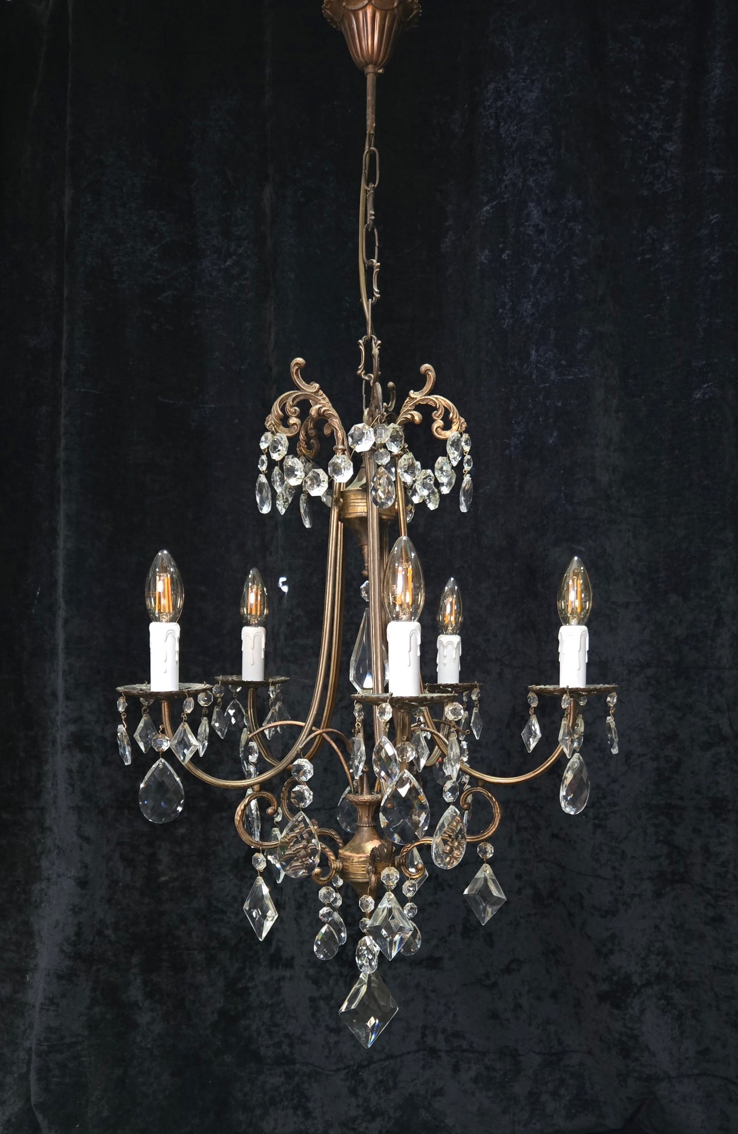Beautiful Vintage Italian 5 Arm Brass Crystal Cage Chandelier Ceiling Light