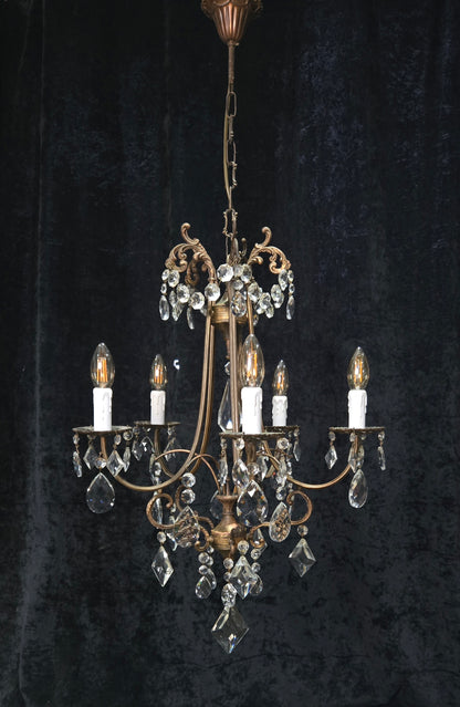 Beautiful Vintage Italian 5 Arm Brass Crystal Cage Chandelier Ceiling Light