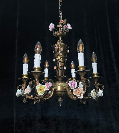 Fabulous Vintage Italian 6 Arm Brass Florentine Flower Roses Chandelier Light