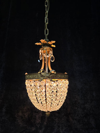 Traditional Antique French 3 Light Brass Bronze Crystal Empire Chandelier