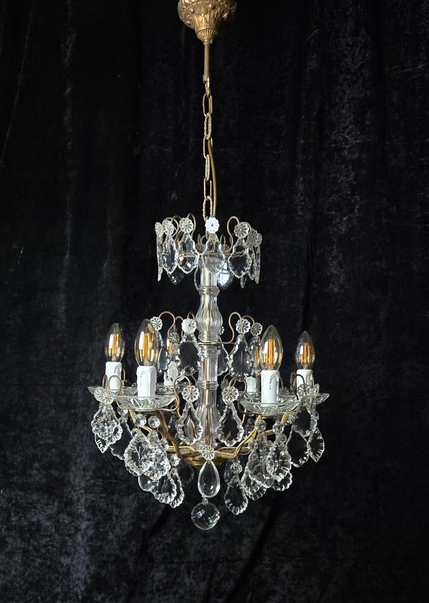 Fabulous Heavy Antique French 6 Arm Bronze Tiered Crystal Chandelier Light