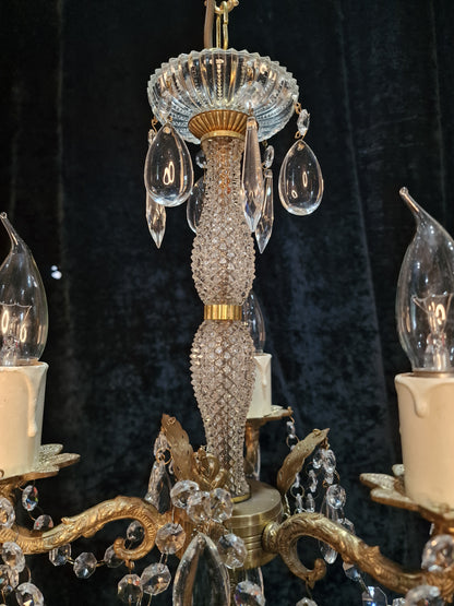 Elegant Vintage Italian 3 Arm Brass Crystal Chandelier Ceiling Light