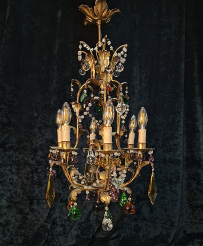 Fabulous Vintage Italian 6 Arm Caged Tole Murano Fruits Chandelier Light