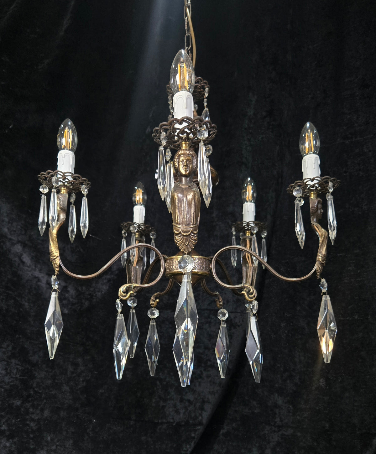 Classical Vintage Italian 5 Arm Crystal Brass Lady Figures Chandelier Light