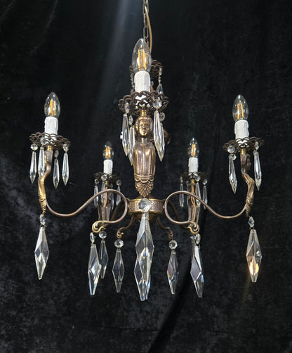 Classical Vintage Italian 5 Arm Crystal Brass Lady Figures Chandelier Light