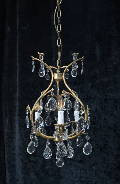 Beautiful Vintage Italian 3 Arm Brass Crystal Cage Chandelier Ceiling Light