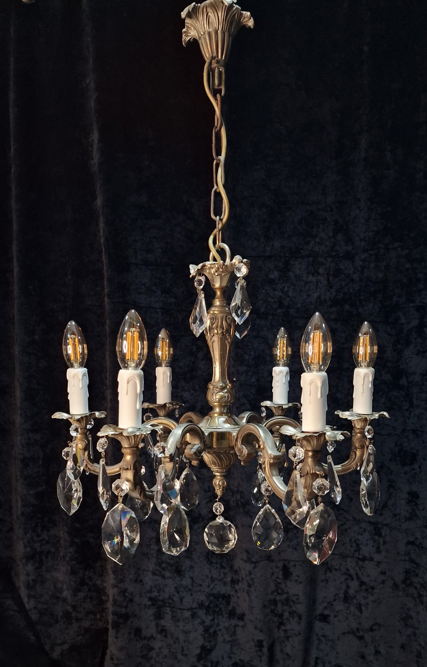 Beautiful Heavy Antique French Bronze Nickel Plated Crystal 6 Arm Chandelier