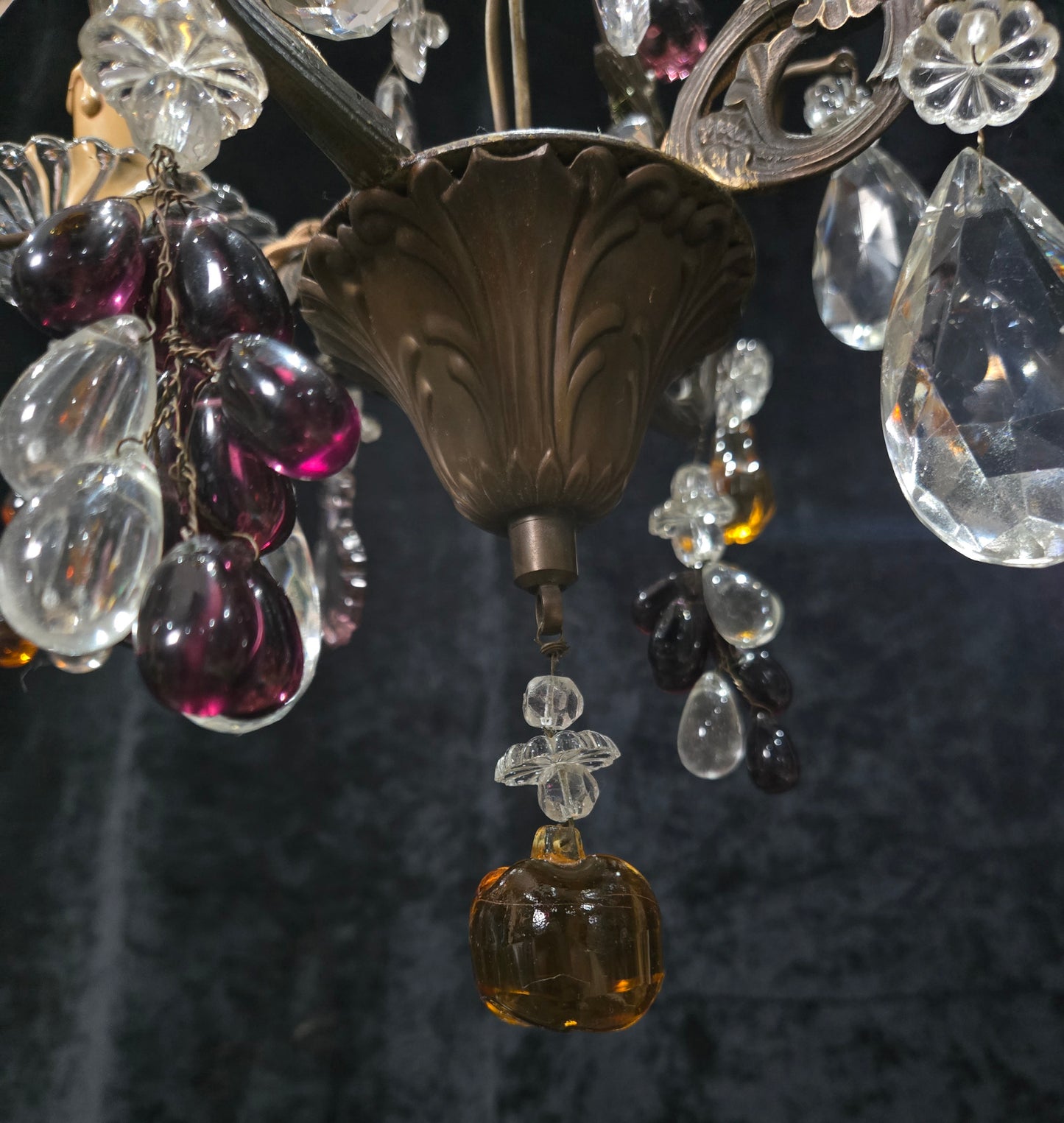 Fabulous Antique French 2 Arm Caged Murano Crystal Brass Chandelier Light