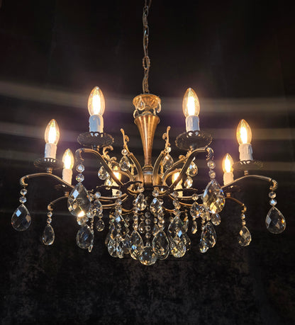 Gorgeous Vintage Italian 8 Arm Crystal Brass Leaf Chandelier Ceiling Light