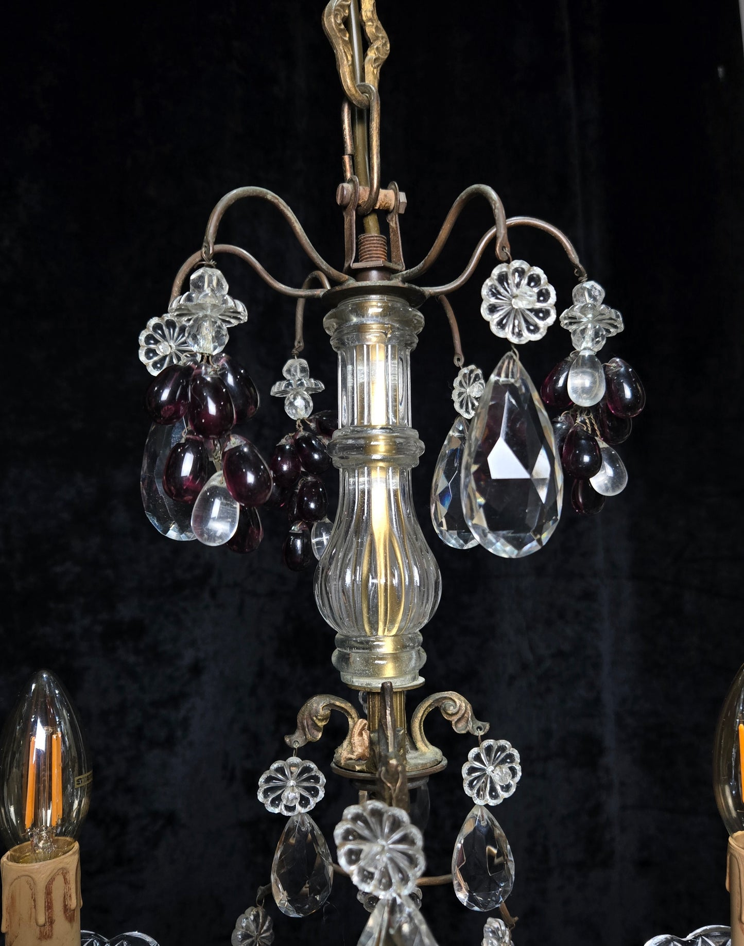 Exquisite Antique French 2 Arm Caged Murano Crystal Brass Chandelier Light