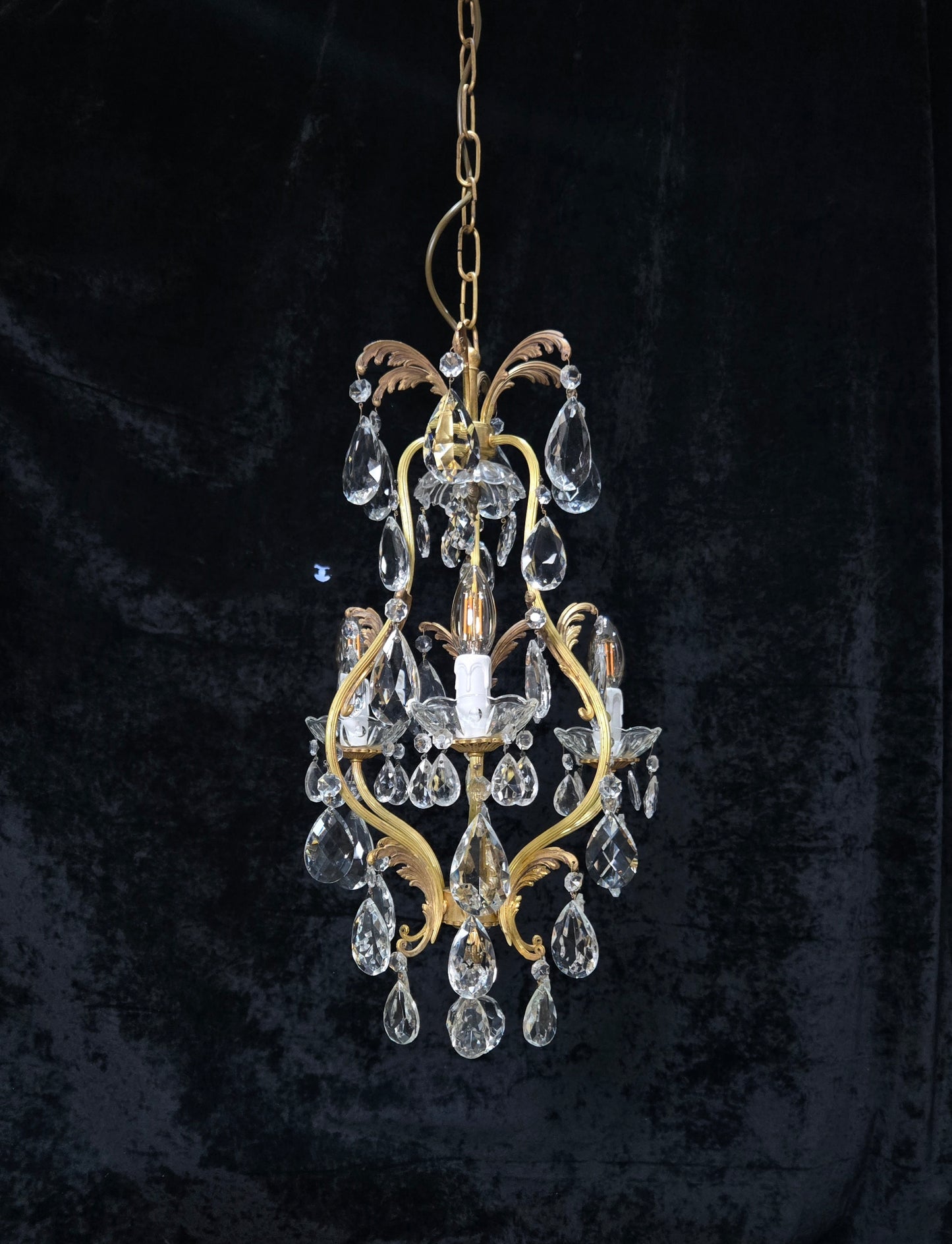 Beautiful Vintage Italian 3 Arm Brass Crystal Cage Leaf Chandelier Ceiling Light