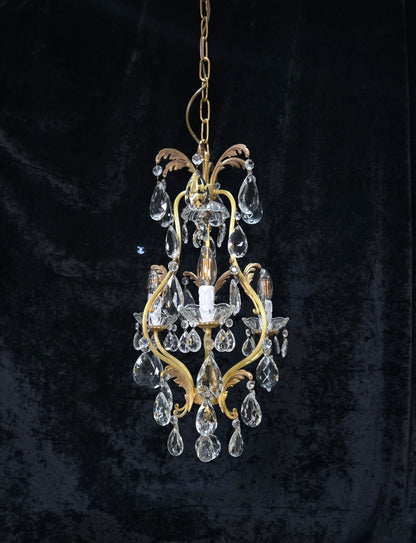 Beautiful Vintage Italian 3 Arm Brass Crystal Cage Leaf Chandelier Ceiling Light
