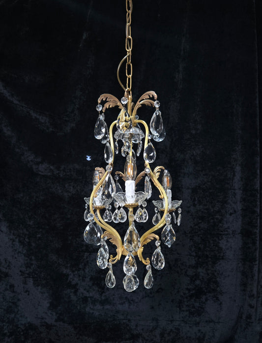 Beautiful Vintage Italian 3 Arm Brass Crystal Cage Leaf Chandelier Ceiling Light