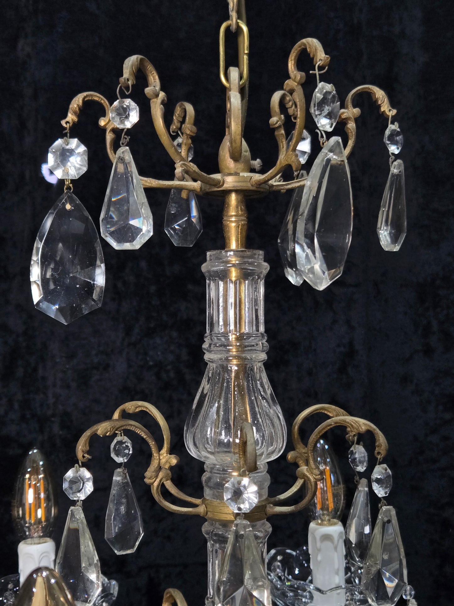Fabulous Antique French 6 Arm Brass 2 Tier Crystal Chandelier Ceiling Light