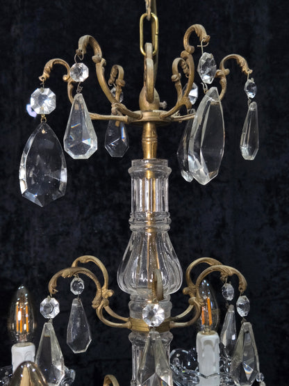 Fabulous Antique French 6 Arm Brass 2 Tier Crystal Chandelier Ceiling Light
