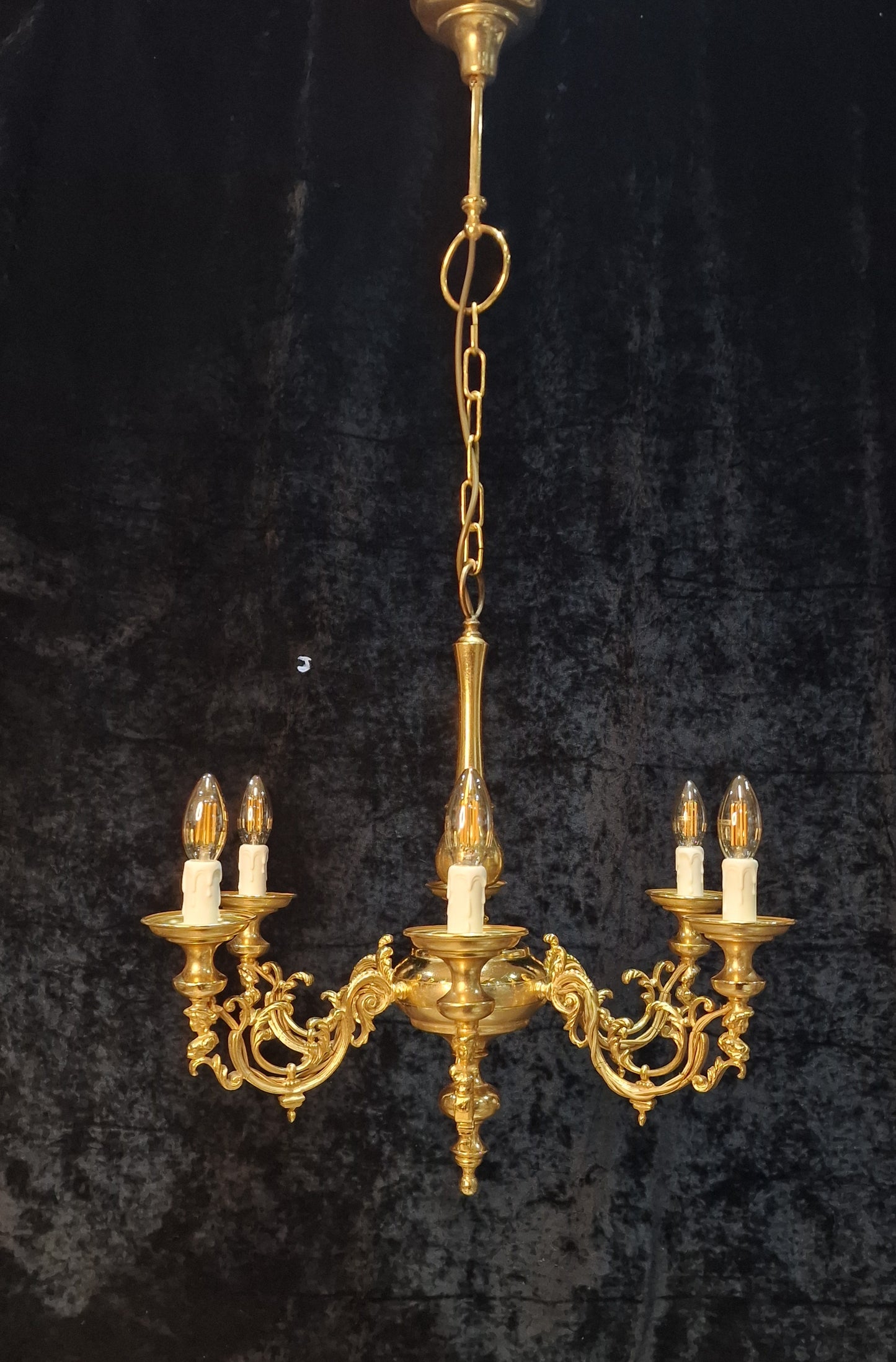 Traditional Vintage Italian Polished Brass 6 Arm Chandelier Ceiling Light