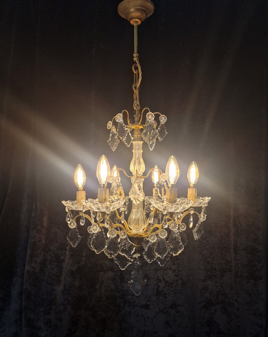 Gorgeous Antique French 6 Arm 2 Tier Brass and Crystal Chandelier Ceiling Light