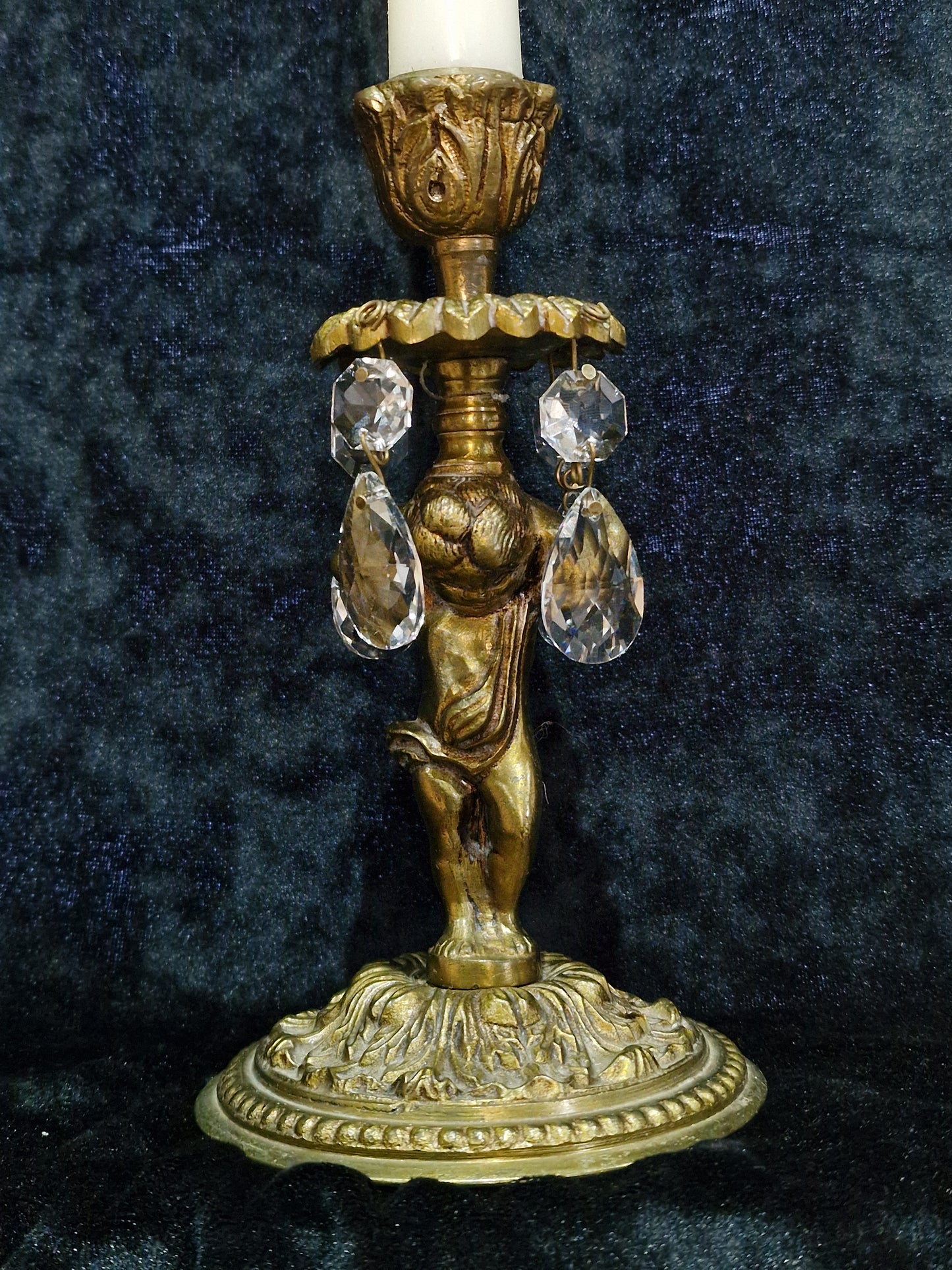 Lovely Pair of Vintage French Solid Brass Crystal Cherub Candlesticks