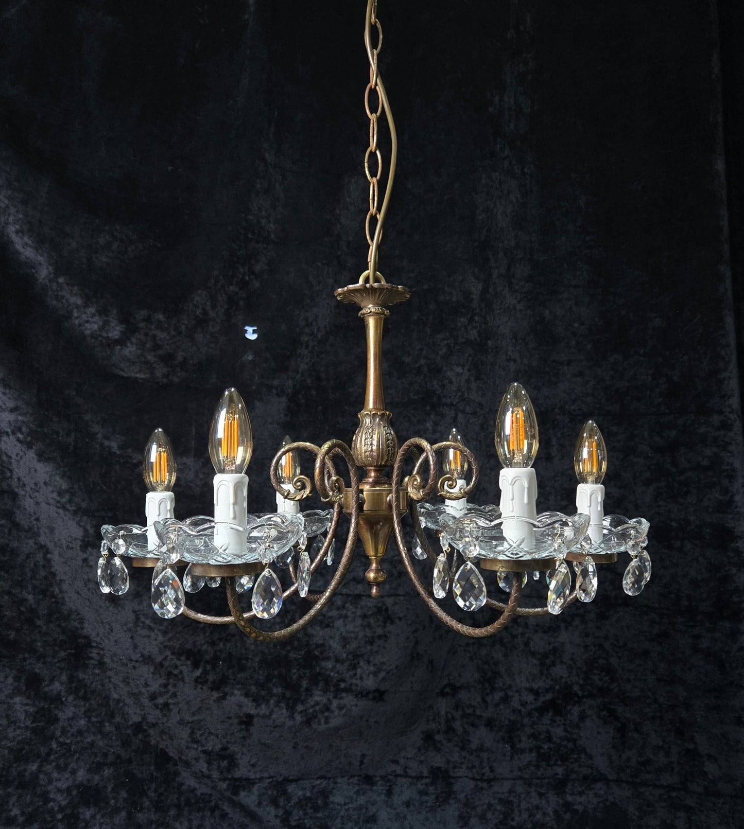 Classical Vintage Italian Brass 6 Arm Glass Crystal Chandelier Ceiling Light