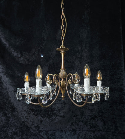 Classical Vintage Italian Brass 6 Arm Glass Crystal Chandelier Ceiling Light