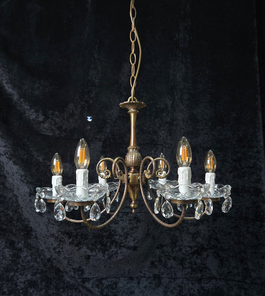 Classical Vintage Italian Brass 6 Arm Glass Crystal Chandelier Ceiling Light