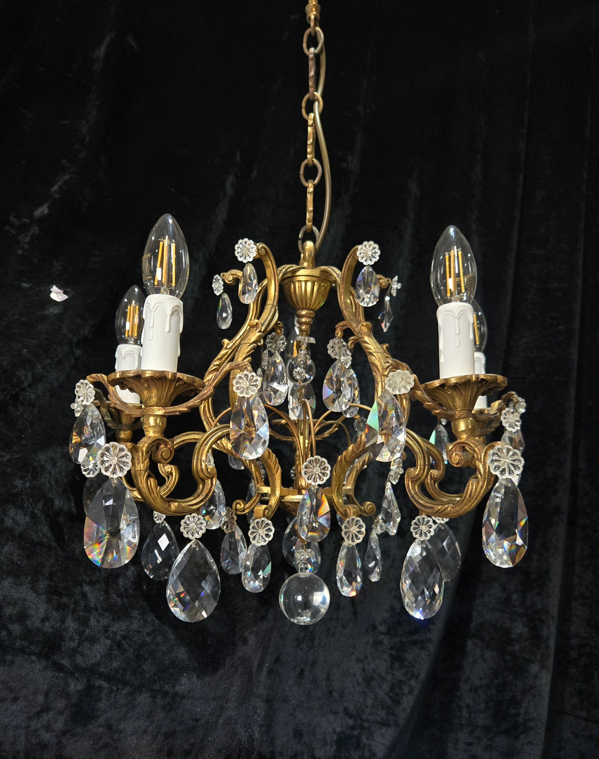 Traditional Antique French 5 Arm Heavy Bronze Cage Crystal Chandelier Light