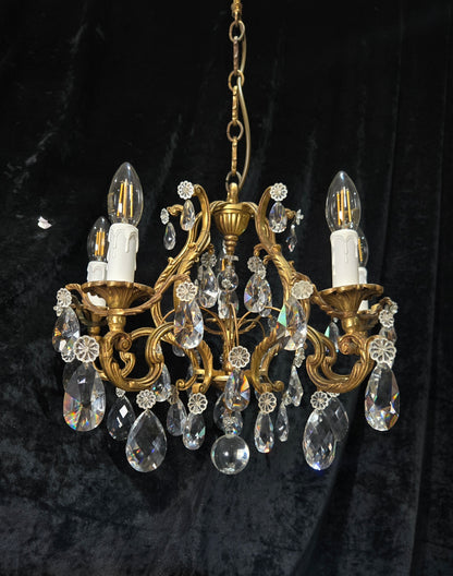 Traditional Antique French 5 Arm Heavy Bronze Cage Crystal Chandelier Light
