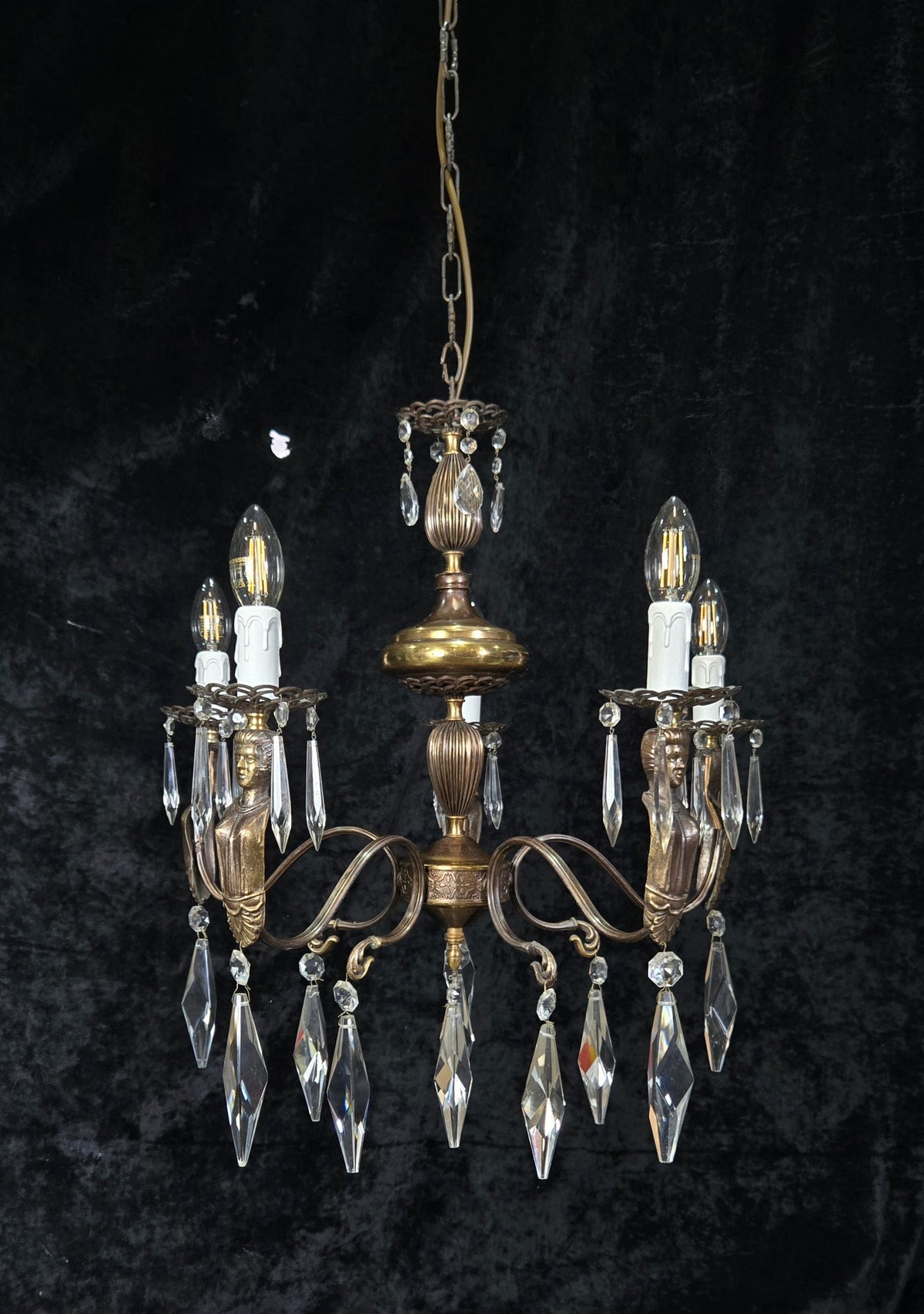 Classical Vintage Italian 5 Arm Crystal Brass Lady Figures Chandelier Light